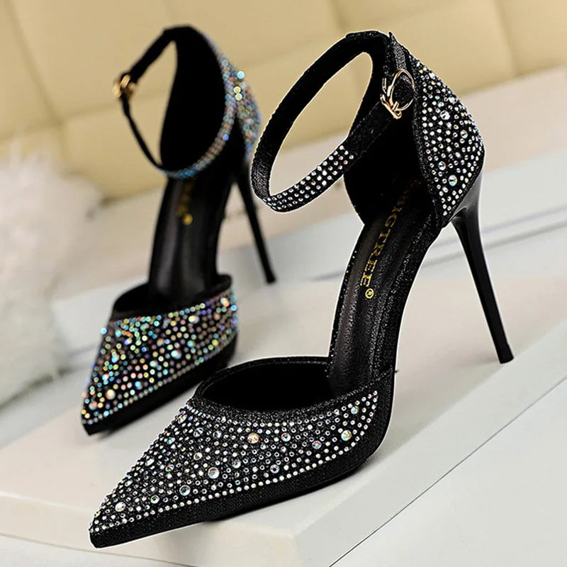 BIGTREE Shoes Shiny Rhinestones High Heels Ladies Shoes Women Pumps Stiletto Sweet Women Heels Wedding Shoes Women Sandals 10 Cm