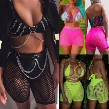 Sexy Women See-through Shorts Bikini Cover Up Stretch Mesh Fishnet Bottoms Loose Beachwear Swimwear Swimsuit Bathing Suit