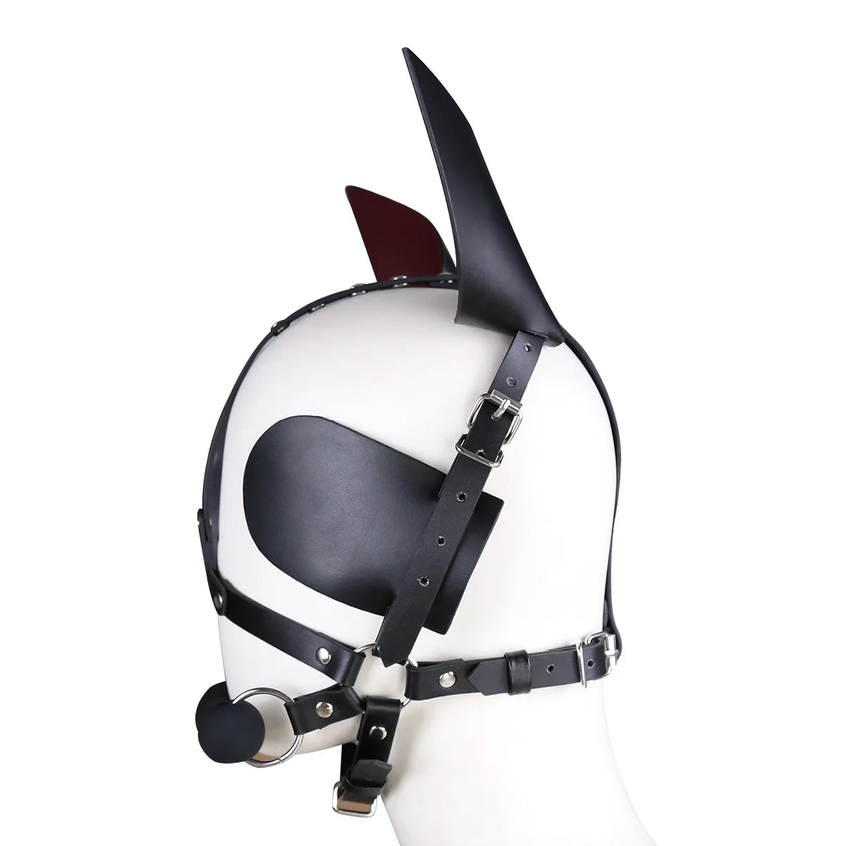 Fetish Leather Harness Head Piece Hood Mask With Silicone Bone Mouth Gag Ears Eye Shade Bit Blindfold For Pony Pet Cosplay Bdsm