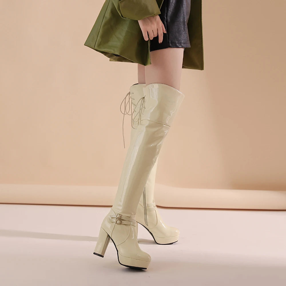 Women Round Toe Platform Boots femme Over The Knee Boots Ladies Sexy High Heels Patent Leather Long Boot Woman 2023 Winter Shoes