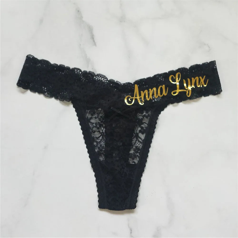 New Personalized Sexy Lace Thong Custom Name Underwear for Women Gold Printed Ladies Panties Female Lace Lingerie Party Gifts