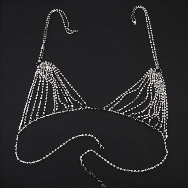 ผู้หญิงสลิงแน่นเอว Rhinestone Bra บิกินี่ Beach เครื่องประดับไนท์คลับเซ็กซี่ Body CHAIN ​​หน้าอก CHAIN