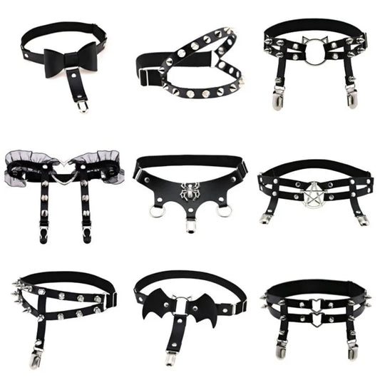 Women Sexy Rock Pub Punk Garter Belt Rivets Leg Ring Thigh Harness Heart Black PU Leather Vintage Suspenders Girls Body Jewelry