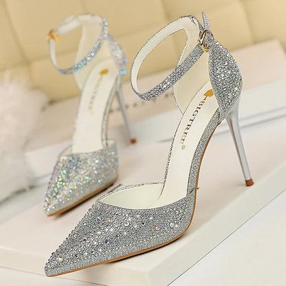 BIGTREE Shoes Shiny Rhinestones High Heels Ladies Shoes Women Pumps Stiletto Sweet Women Heels Wedding Shoes Women Sandals 10 Cm