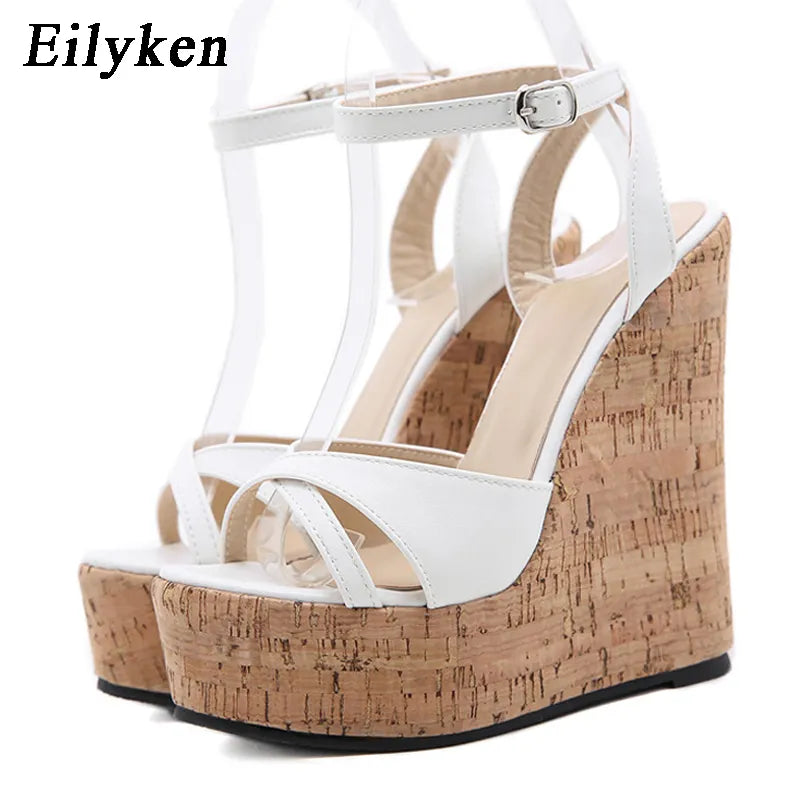 Eilyken Summer White Women's High Heels Hollow Out Sandals Platform Buckle Wedges Front Open Toe Ladies Shoes Size 35-42