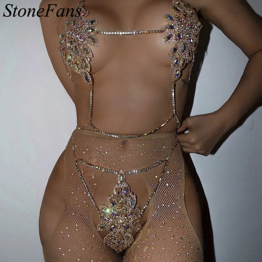 Stonefans Radiant Luxurious Rhinestone Lingerie Set with Body Chain Jewelry Bikini Set Colorful Crystal BodySuit Jewelry Sequins