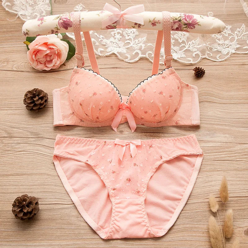 Teenage Girls Floral Underwear Sets Student Wireless Lace Training Bras Bow Panties Sets Cotton Teens Development Clothes