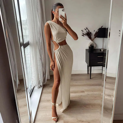 2022 Summer Women Sexy Hollow Out Maxi Dress Spring Solid Sleeveless Split Dress One Shoulder High Waist Bodycon Party Female