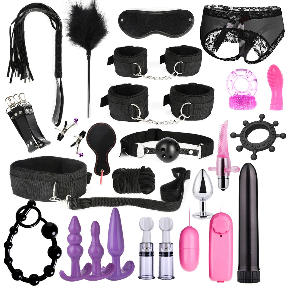 BDSM Bondage 15/17/26pcs Adult Game Prop Bullet Vibrator Butt Plug Gspot massage Handcuff Whip Mouth Gag Anal Bead Restraint Kit