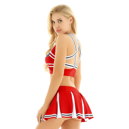 Women Japanese Schoolgirl Cosplay Uniform Girl Sexy Lingerie Sleeveless Crop Top with Mini Pleated Skirt Cheerleader Costume Set