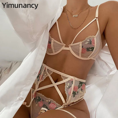 Yimunancy Floral Embrodiery Lace Lingerie 3 Piece Set Sexy Underwear Women Bra and Panties Sets Bra Lingeries Feminina