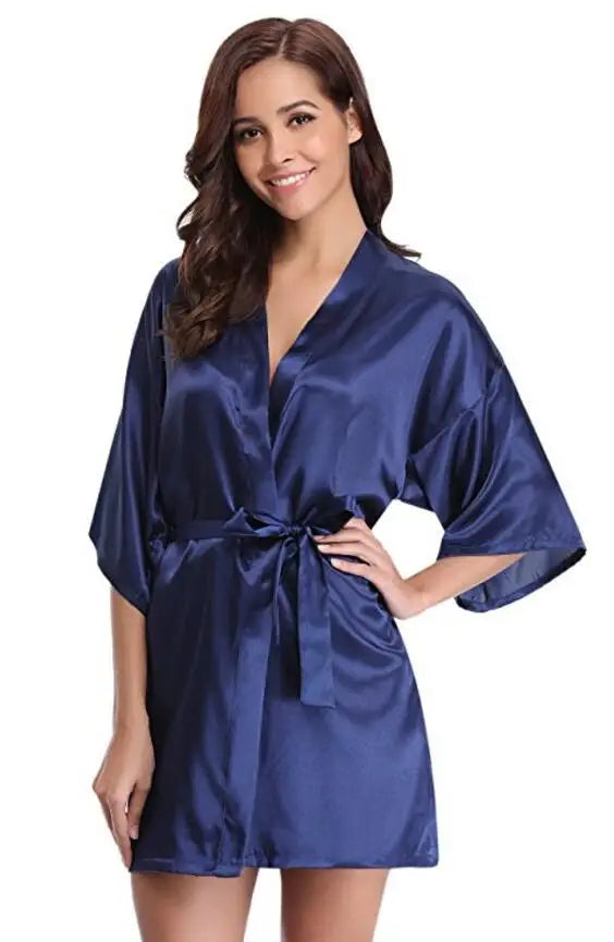 Nouvelle Robe Kimono en soie peignoir femmes Robes de demoiselle d'honneur en soie Sexy Robes bleu marine Robe en Satin dames Robes de chambre