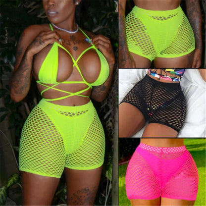 Sexy Women See-through Shorts Bikini Cover Up Stretch Mesh Fishnet Bottoms Loose Beachwear Swimwear Swimsuit Bathing Suit