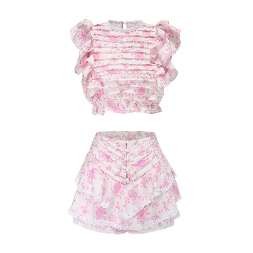 High Quality 2023 Sunday Set elastic waistband Cropped top with ruffle detail and cute ruffle mini shorts skirts