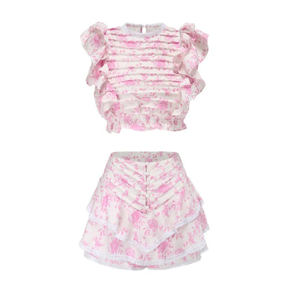 High Quality 2023 Sunday Set elastic waistband Cropped top with ruffle detail and cute ruffle mini shorts skirts