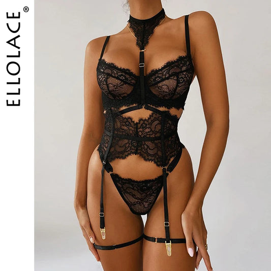 Ellolace ชุดชั้นในเซ็กซี่ชุดชั้นใน 3 ชิ้นโปร่งใส Bra ชุดลูกไม้เซ็กซี่ Garter เข็มขัดถุงน่องผู้หญิงเร้าอารมณ์ Intimate