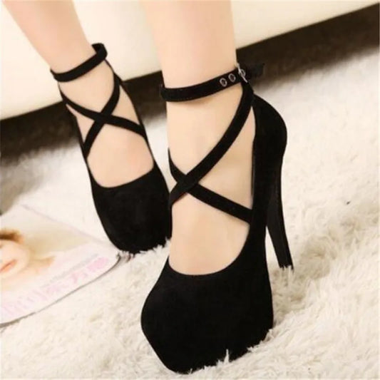 Shoes Woman Pumps Cross-tied Ankle Strap Wedding Party Shoes Platform Dress Women Shoes High Heels Suede Ladies Shoes Plus Size