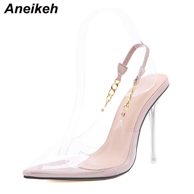 Aneikeh NEW Spring Fashion PVC Women's Pumps 2024 Sexy Chain Thin Heels Pointed Toe Slingbacks Ladies Shoes Botines Mujer 35-41