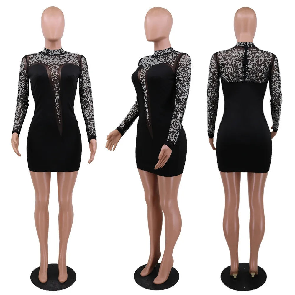 Sheer Mesh Patchwork Rhinestone Party Club Bodycon Mini Dress for Women Long Sleeve Elegant Birthday Night Sexy Tight Dresses