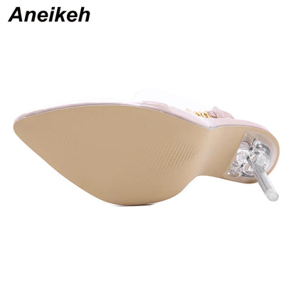 Aneikeh NEW Spring Fashion PVC Women's Pumps 2024 Sexy Chain Thin Heels Pointed Toe Slingbacks Ladies Shoes Botines Mujer 35-41