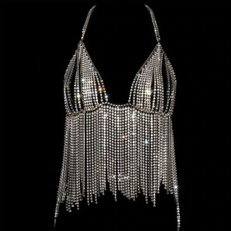 StoneFans Statement Sexy Rhinestone Bra Body Chain Necklace for Women Jewelry Long Tassel Crystal Chest Chains Beach Bikini Gift