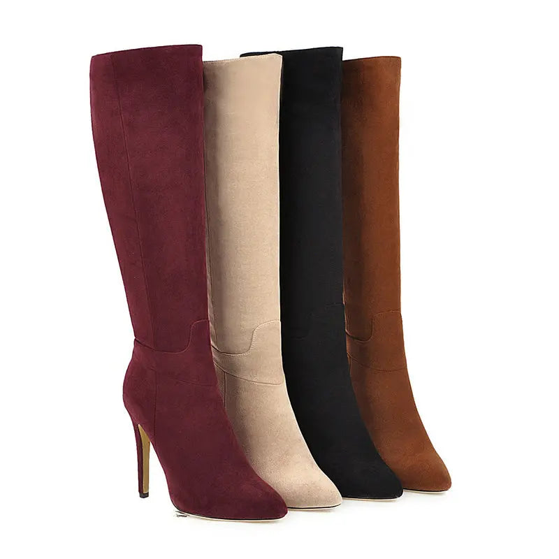 New Ladies Sexy Stiletto High-Heel Knight Boots Faux Suede Zipper Knee High Boots Women Autumn Winter Warm Fashion Women's Shoes