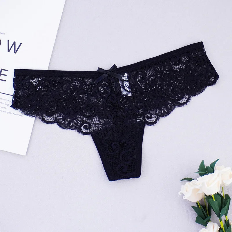 Women's Full Lace Thong  Panties Sexy Tangas See Through Underwear G-String Hollow Out Low Cut Bow Lady Lingerie Five Color