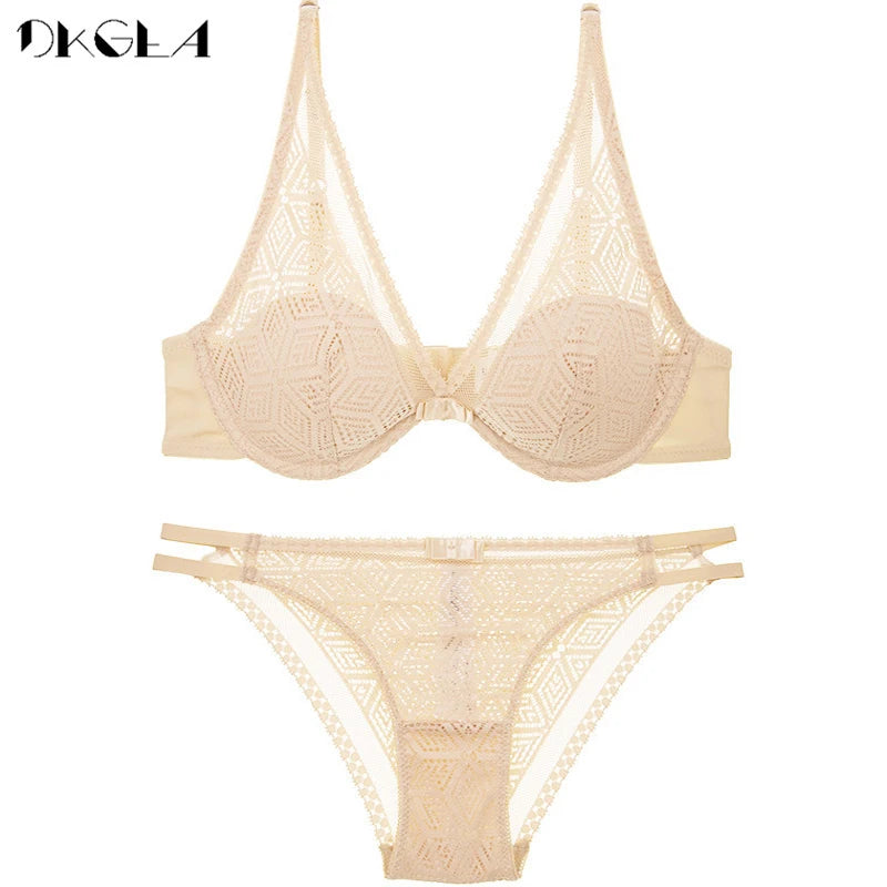 2020 Thin Cotton Bra Panties Sets White Women Lingerie Set Embroidery Hollow Brassiere A B C Cup Sexy Bras Lace Underwear Set