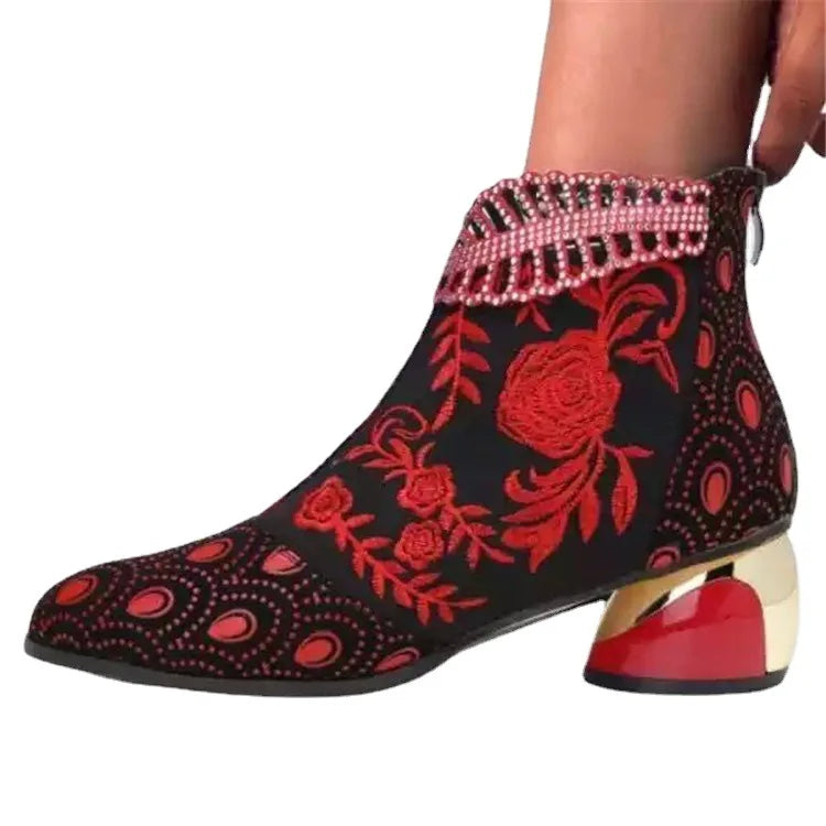 New Ankle Boots Women's Shoes Leather Boots Embroidery Ethnic Bohemia Zipper Spring Autumn Ladies Botas Botas De Mujer2021