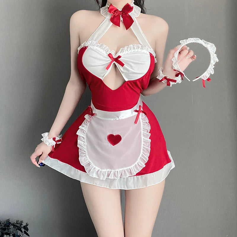 Uniforme de Cosplay de demoiselle japonaise, Costume de Lingerie Sexy pour femmes, tablier français, bandeau fantaisie en dentelle, anneau de jambe, ensemble de robe à la taille