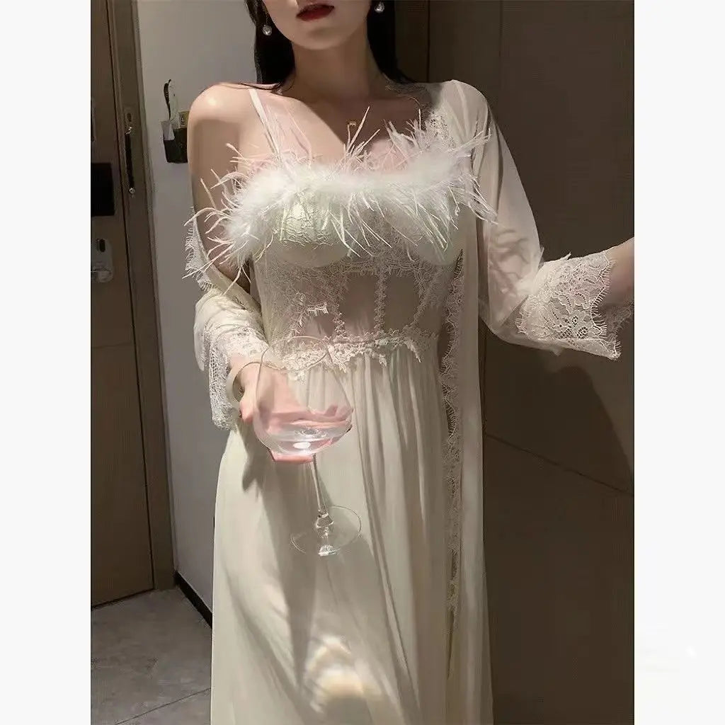 Women Solid Color Sexy 2 Pieces Gown Set Female Feather Lingerie Lace Hollow Out Nightdress Ladies Lace Trim Mesh Robe Gown Set