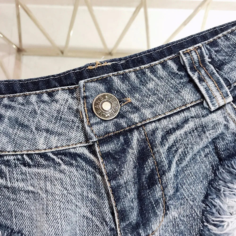 Qisin 2023 New Women Sexy Low Waist Hole Tassel Denim Shorts Jeans Thong Short Feminino