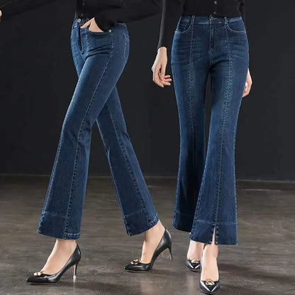 Korean Fashion Women Vintage Flare Jeans Spring Autumn Split High Waist All-match Pants Office Lady Streetwear Casual Trousers