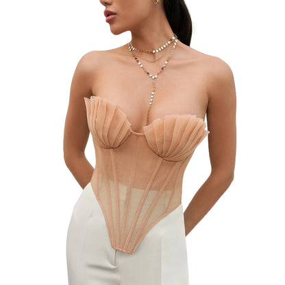 Women Y2k Sheer Mesh Tube Top Sexy Strapless Backless Lace-up Irregular Hem Corset Tops Summer Ladies Bodycon Bustier Vest