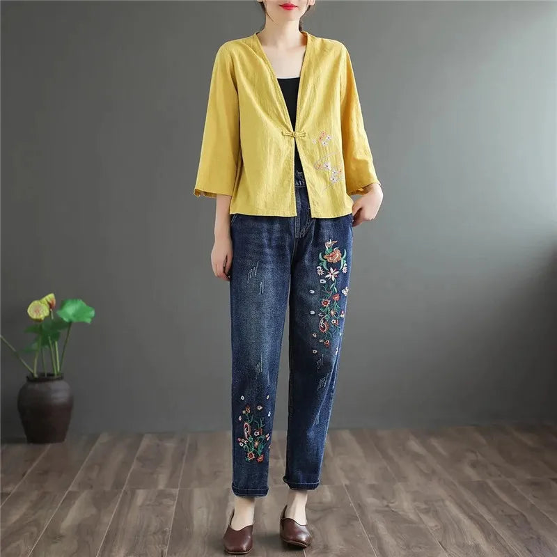 Spring Autumn Embroidery Elastic Waist Denim Jeans Female 2023 New Fashion Show Thin Cowboy Ladies Harem Pants Cropped Pants