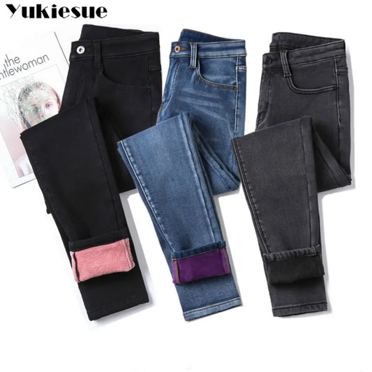 Winter Warm Jeans Woman 2022 High Waist Casual Velvet Ladies Trousers Female Pantalon Denim jeans for Women Pants clothe 40