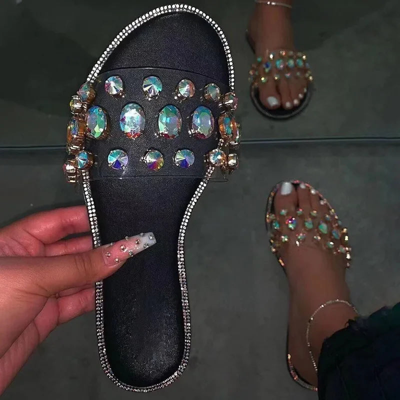 Summer Slides Women Flip Flops Fashion Slippers Gemstone Rhinestones Wild Diamond Flat with Transparent PVC Ladies Shoes