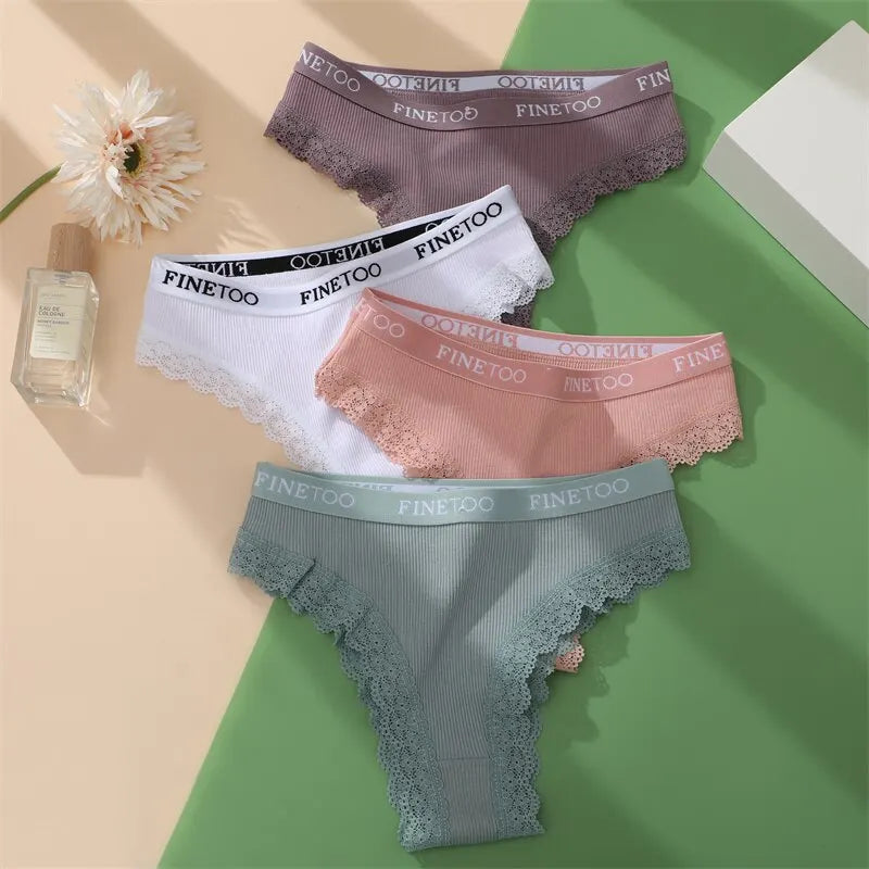 FINETOO 3Pcs Women Cotton Underwear Sexy Lace Edge Ladies Panties Low Waist Solid Color Female Underpants Briefs Intimates