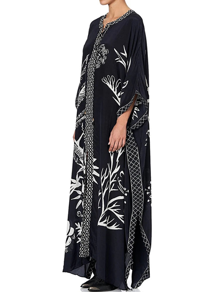 Plage ample couvrir Boho femmes robe noir imprimé vêtements de plage femmes décontracté robe ample paréo caftan robe Bikini couverture