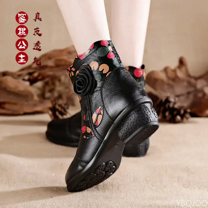 Retro Bohemian Women Boots Printed Genuine Leather Ankle Boots Vintage Motorcycle Booties Ladies Shoes Woman 2022