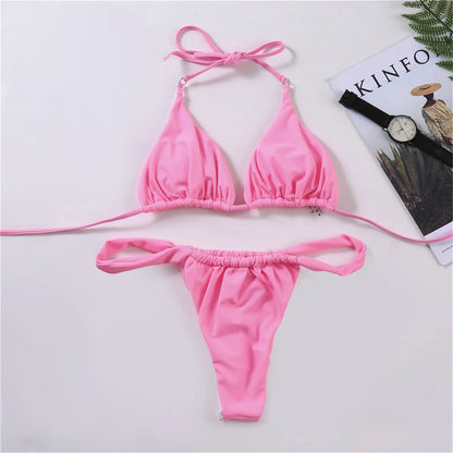 Pink Swimsuit Bikini Women Solid Color Sexy High Leg Thong Swimwear Bikinis 2022 New Female 2 Piece Bathing Suit Beachwear