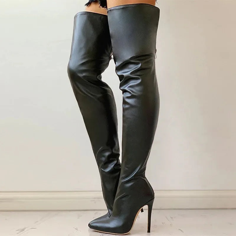 Bottes Sexy à talons hauts au dessus du genou pour femme, cuissardes noires, chaussures longues, grande taille, collection automne-hiver 2021