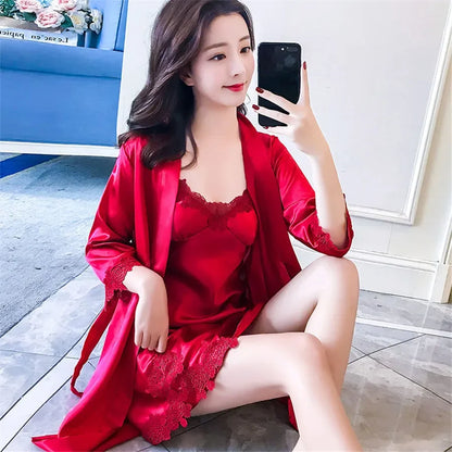 Sexy Nightwear Lace Patchwork Round Neck Lace Sleepwear Women'S Night Dress Nightgown Lace Negligee Sleeved Night Gown