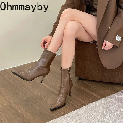 Autumn Winter Short Plush Women Ankle Boots Fashion Pointed Toe Ladies Elegant Chelsea Pumps Shoes Thin High Heel Short Boots