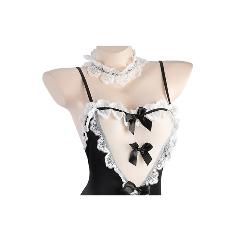 Sexy Lace Maid Bodysuit Uniform Cosplay Costume Women Underwear Hollow Bunny Girl Plush Tail Role Play Lingerie Anime Lolita