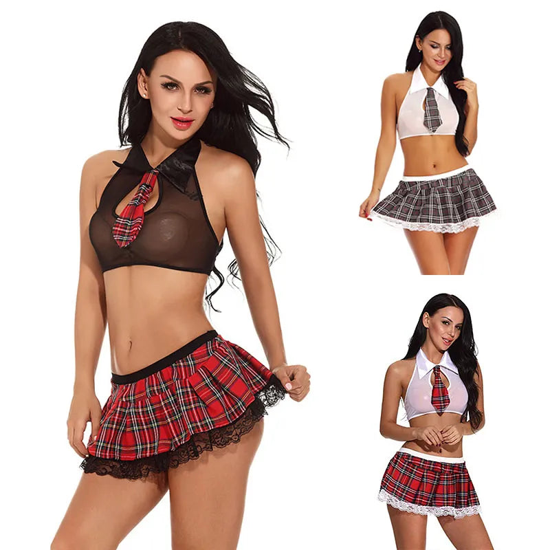 Uniforme de Cosplay pour écolières, pour femmes adultes, Costumes de Lingerie Sexy, hauts sexuels, jupe à carreaux, cravate, ensembles érotiques coquins