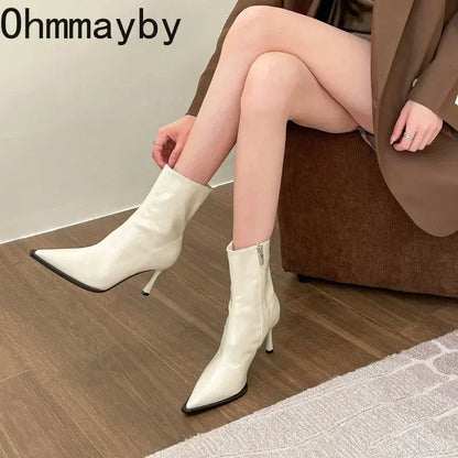 Autumn Winter Short Plush Women Ankle Boots Fashion Pointed Toe Ladies Elegant Chelsea Pumps Shoes Thin High Heel Short Boots