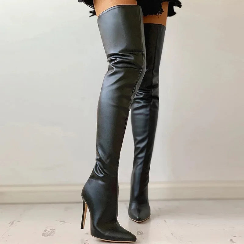 Bottes Sexy à talons hauts au dessus du genou pour femme, cuissardes noires, chaussures longues, grande taille, collection automne-hiver 2021