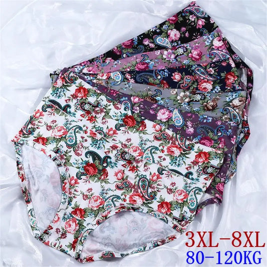 8XL Women Sexy Panties High Waist Briefs Plus Size Lingerie Printing Female Ladies Floral Pantys Fit 80-120kg Underwear 4Pcs/Set