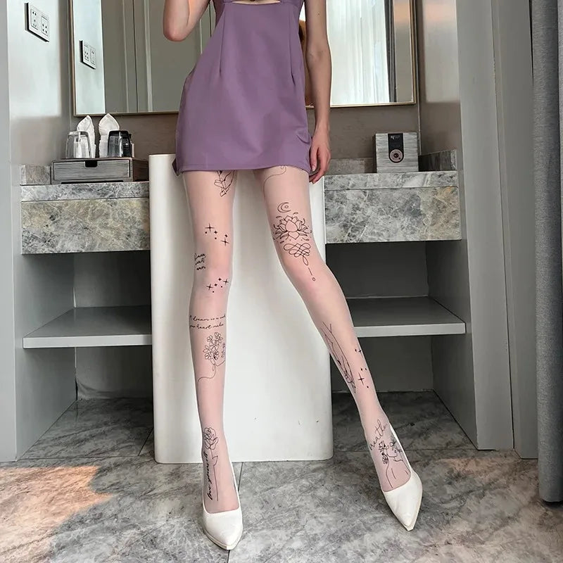 Women Sexy Tights with Patterned Tattoos Pantyhose Inscriptions Flower Letter Ladies Thin Long Black Stockings